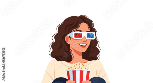 A woman with curly brown hair wearing red and blue three dimensional glasses holds a striped popcorn bucket and smiles at the camera.