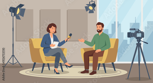 Female journalist with a microphone interviews a bearded man in a professional television studio with a camera and lighting equipment for a broadcast show