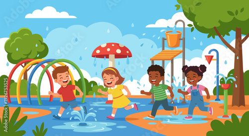 Happy diverse children running and splashing water while playing together in a colorful outdoor splash pad on a sunny summer day, a joyful vector illustration of childhood fun
