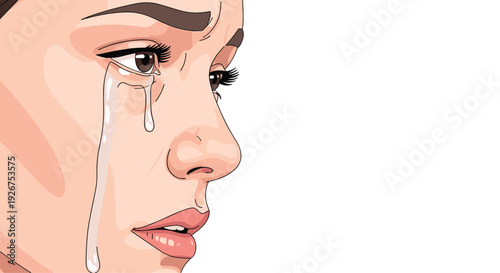 A close up illustration of a woman's face in profile with a large clear tear rolling down her cheek from her dark lashed eye.