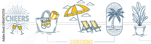 Summer vacation beach icon set with palm tree umbrella sun chairs beach bag cheers champagne and sunshine text vector illustration.