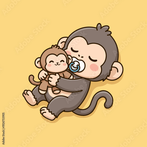 Cute vector illustration of a monkey mascot sleeping peacefully while lying down and hugging a small monkey doll, gently sucking on a pacifier.