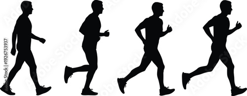 Running man silhouette sequence vector illustration showing walking to sprinting motion isolated fitness training concept