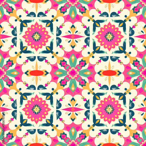 vector seamless repeating rangoli pattern in flat vector style. The design features symmetrical geometric shapes, floral motifs, peacocks, lotus flowers, and traditional oil lamps (divas).