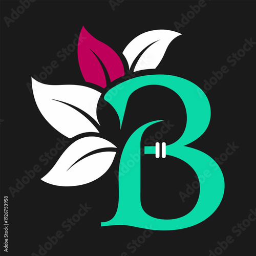 Letter B floral logo with leaves and flower modern botanical alphabet monogram Vector design