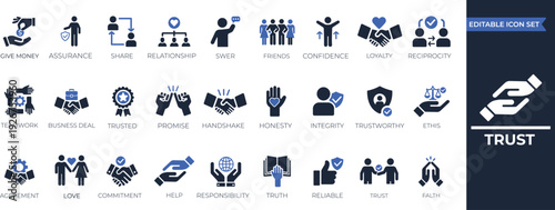 Trust icon collection. handshakes, hearts, reliability, security, promise, trustworthy, friends, truth, faith, and partnership. Best vector icons Collection.