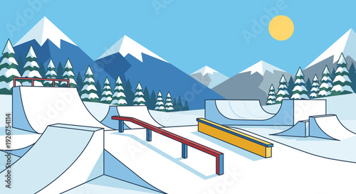 Winter snow park with ramps and rails for snowboarding set in a snowy mountain landscape with pine trees under a bright sun, a clean flat vector illustration