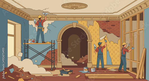 Three construction workers in uniform renovating an old classic room, plastering walls, removing wallpaper, and building a new wooden frame in a flat vector illustration style