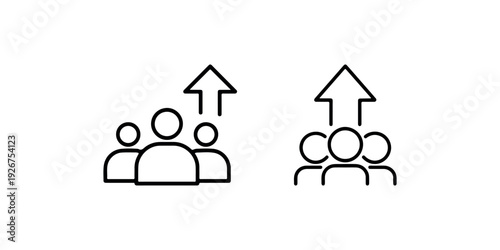 Team growth and human resources icon set showing people group with upward arrow for career development leadership training and company success performance