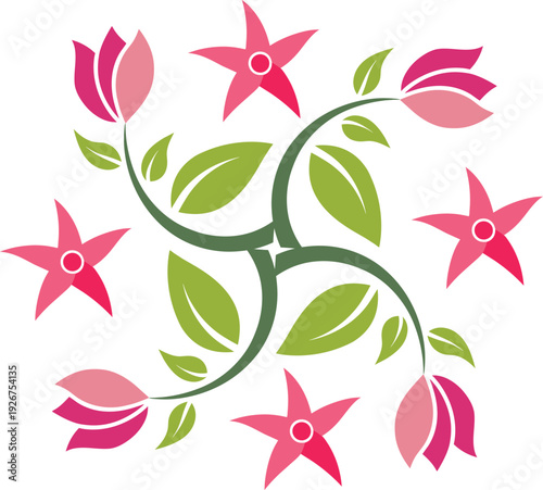 Pink floral branch with blossoms and leaves decorative botanical flat vector illustration