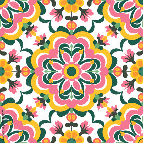 vector seamless repeating rangoli pattern in flat vector style. The design features symmetrical geometric shapes, floral motifs, peacocks, lotus flowers, and traditional oil lamps (divas).