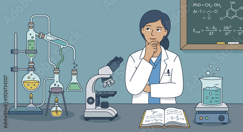 Thoughtful female scientist in a lab coat stands in a chemistry laboratory thinking about a complex experiment with a microscope and glassware