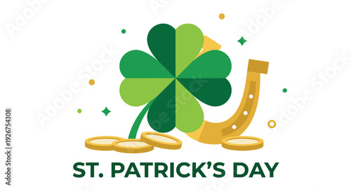Green four-leaf clover with a lucky golden horseshoe and coins, a festive St. Patrick's Day vector illustration in a flat design style isolated on a clean white background