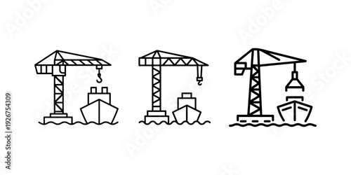Industrial shipping crane loading and unloading cargo from container ship or boat, harbor dock. outline icon style design