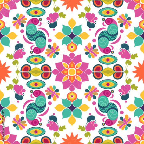 vector seamless repeating rangoli pattern in flat vector style. The design features symmetrical geometric shapes, floral motifs, peacocks, lotus flowers, and traditional oil lamps (divas).