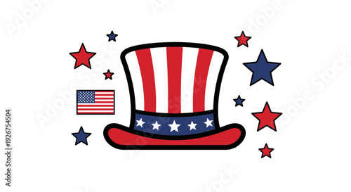 Uncle Sam hat and American flag with stars. Patriotic USA symbol for national holidays and celebrations. Created in flat line style with red, white, and blue colors. isolated on White Background