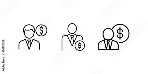 Businessman with dollar coin vector icon set, simple line art financier and money outline illustration collection on white background