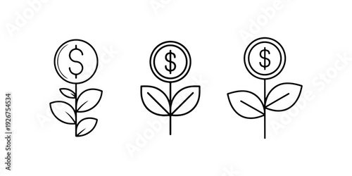 Money growth plant icons set vector dollar coins and leaves finance success growing business investment concept art symbol