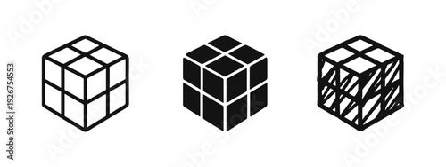 Isometric Cube Icons in Outline, Solid, and Hand-Drawn Styles