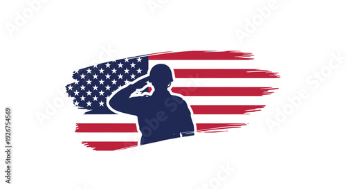 Soldier saluting American flag brush stroke vector graphic. Patriotic military veteran silhouette with USA flag design. Memorial Day, Veterans Day