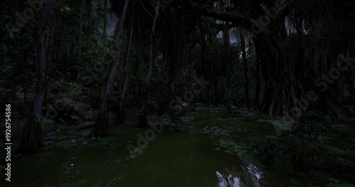 foggy marsh with low light and spectral haze, waterlogged ground and distant silhouettes of trees create haunting, suspenseful ambiance for gothic or horror