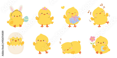 Cute Easter collection with yellow chicks in different poses. Spring set of yellow chicks characters for holiday design. Flat vector illustration.