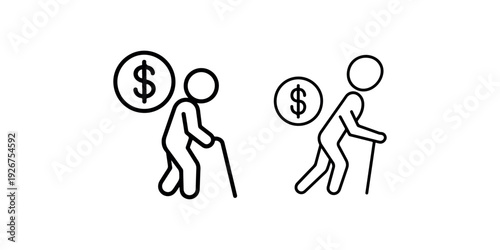 Old man walking with cane and money coin vector icon set depicting retirement savings planning pension fund concept and financial security for elderly people
