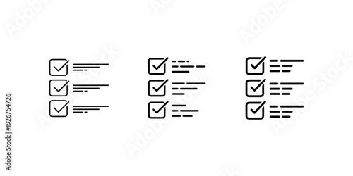 Three outline icons of checkmarks on a to do list representing task completion surveys and verified items