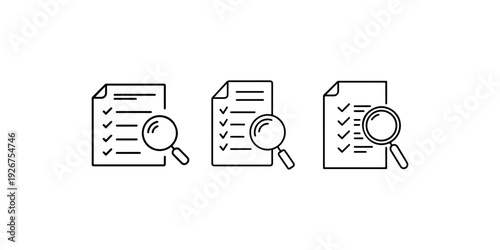 Checklist investigation line icons featuring document with checkmarks and magnifying glass representing survey audit research analysis and verification