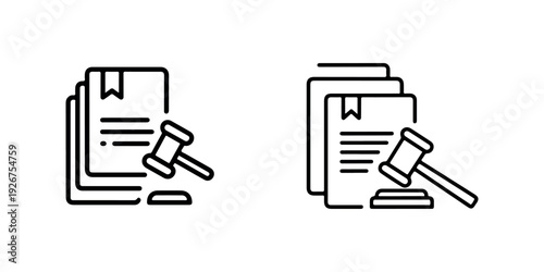 Legal document line icons set featuring stacked papers and judge gavel representing justice law court proceedings litigation and official legislation rules