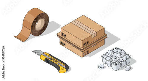 Illustration of packaging supplies including cardboard boxes, packing tape, bubble wrap, and a utility knife on a plain white background.