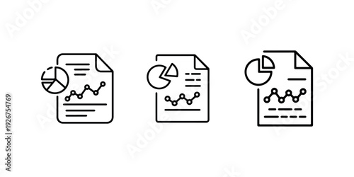 Data report line icons set featuring document with pie chart and line graph representing financial statistics business analytics and growth performance