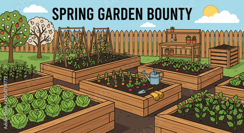 Charming cartoon vegetable garden illustration with wooden raised beds growing lettuce, radishes, and peas, with a potting bench and compost bin under a sunny blue sky