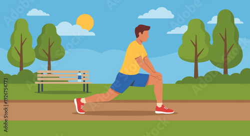 Fit young man performing a lunge stretch in a vibrant park with green trees and a clear blue sky on a sunny day, promoting outdoor fitness and healthy lifestyle