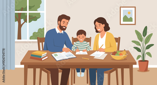 Caring mother and father helping their young son with his homework, sitting together at a wooden dining table in a cozy, sunlit room with a window