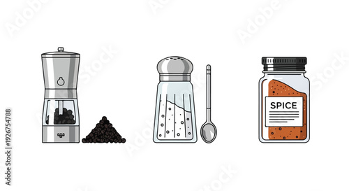 Flat lay of a spice grinder, salt shaker, spoon, and spice jar on a white background with a minimalist composition.