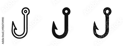 Fish Hook Icons in Outline, Solid, and Hand-Drawn Styles