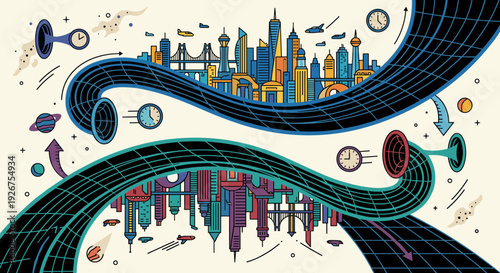 Two parallel universe cityscapes connected by a warped spacetime wormhole in a colorful abstract vector illustration with floating clocks and planets on a light background
