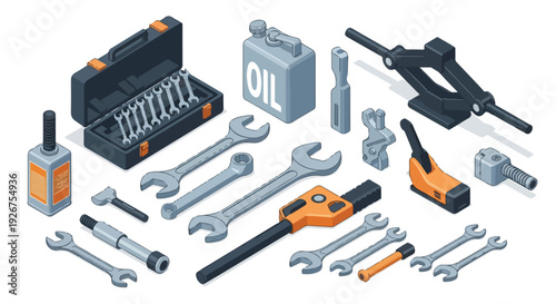 A collection of various tools and equipment, including wrenches, pliers, and a toolbox, arranged on a plain white background.