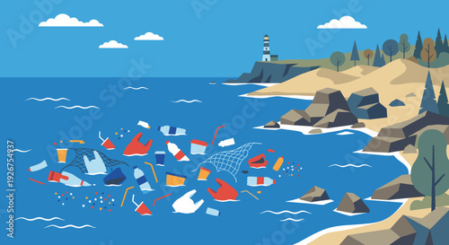 Plastic garbage and waste floating in the ocean near a scenic coastline with a lighthouse, a flat vector illustration depicting environmental pollution and water contamination