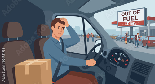 Frustrated male van driver with a package clutches his head, seeing the empty fuel gauge and long lines during a gas shortage crisis