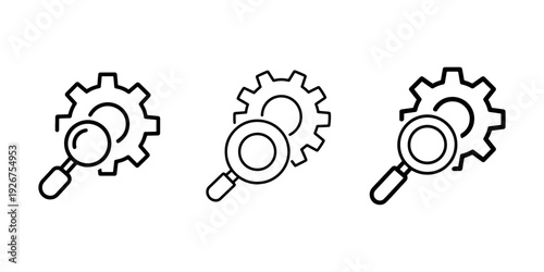 Magnifying glass line icon vector settings find symbol in three styles, search preference, look for solutions, outline design element