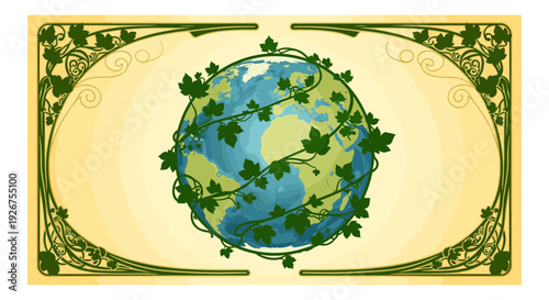 An ornate illustration of a globe surrounded by green foliage within an elegant frame Vector, illustration