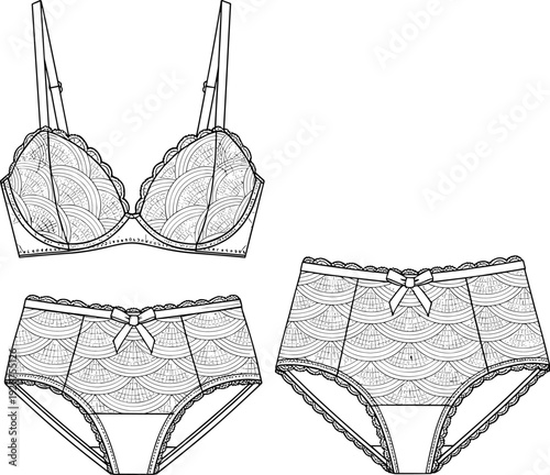 Elegant lace lingerie set vector illustration with detailed bra and panties collection isolated fashion design template