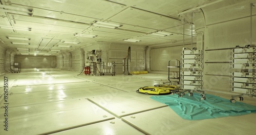 Canvas Print bright prelaunch bay with covered modules and stacked racks, open floor with too
