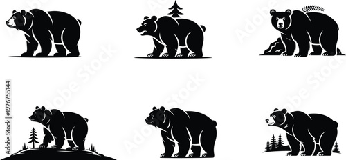 Six black bear silhouettes in various poses and environments silhouette