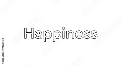 Minimal “Happiness” typography, simple sans serif font, small smiley face replacing dot detail, flat vector style, bright yellow accent, clean bold outline