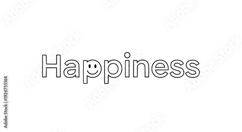 Minimal “Happiness” typography, simple sans serif font, small smiley face replacing dot detail, flat vector style, bright yellow accent, clean bold outline