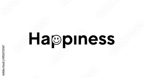 Minimal “Happiness” typography, simple sans serif font, small smiley face replacing dot detail, flat vector style, bright yellow accent, clean bold outline