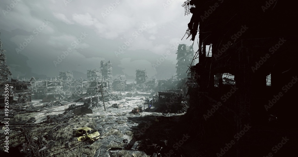 Fototapeta premium entrance ruin opening onto shattered skyline, dark porch view contrasts with pale distant towers, wet ground reflects broken light, composition invites urban